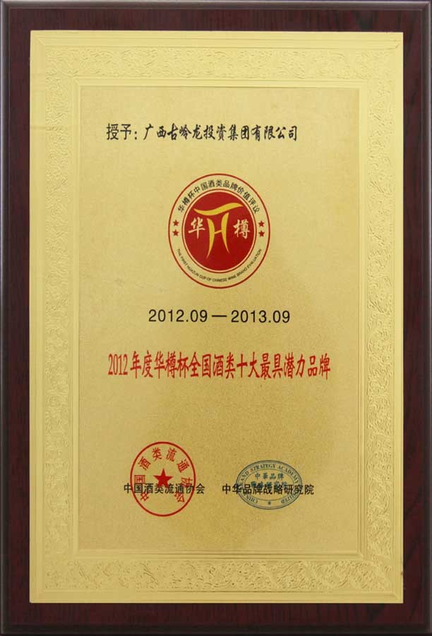 2012年，优德88集团荣获“2012年度华樽杯全国酒类十大最具潜力品牌”