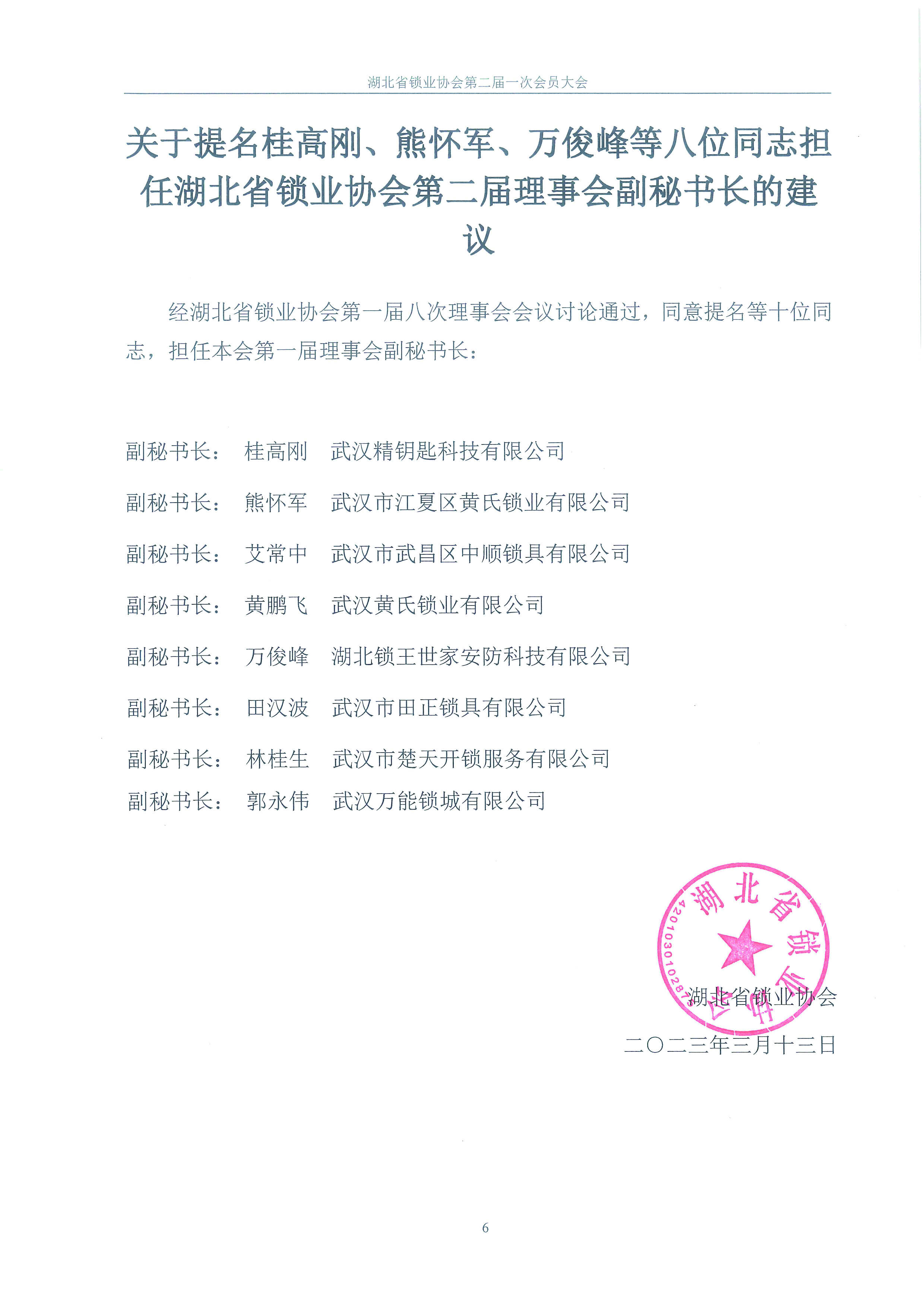 关于湖北省锁业协会第二届理事会拟任会长,名誉会长,副会长,秘书长,副