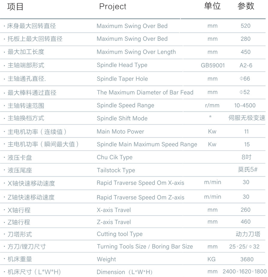 斜式動(dòng)力刀塔數(shù)控車床T52P參數(shù)